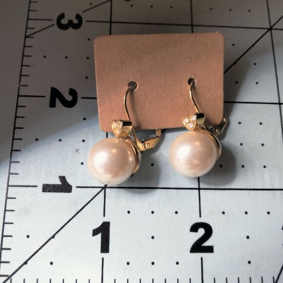 Faux Pearl Crystal Heart Drop Pierced Earrings Gold Tone Wedding Valentine - Picture 3 of 5
